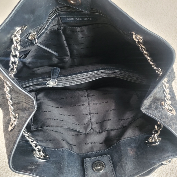 Michael Kors Silver Chain Tote Bag Black MK Logo Canvas Convertible Straps - Picture 7 of 8